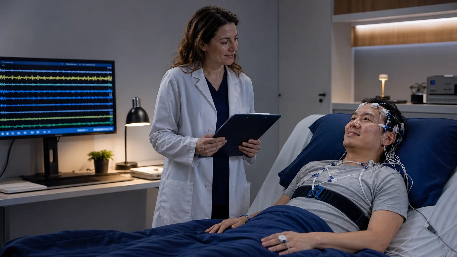 A participant resting during a monitored sleep study while a researcher in a white coat records observations.